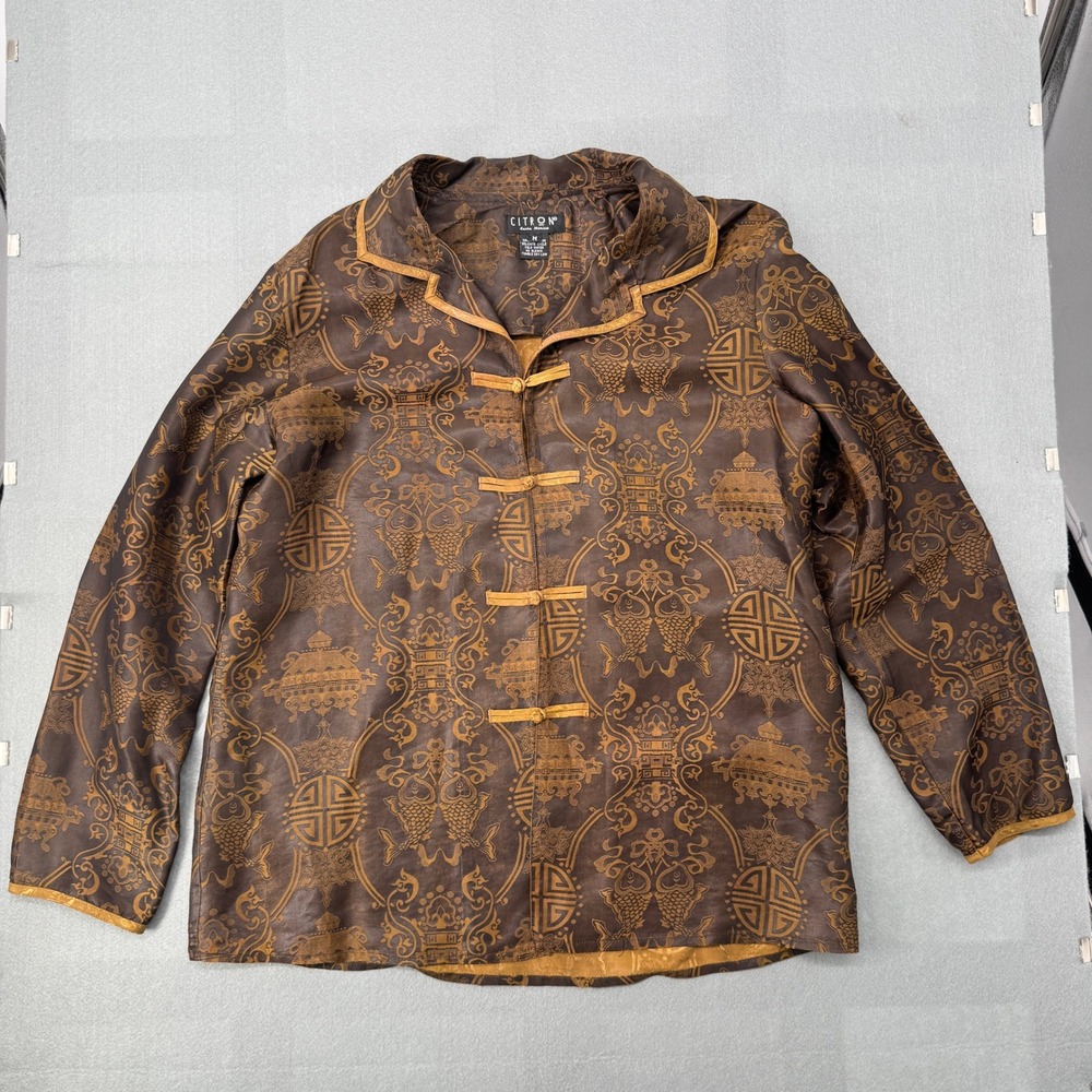 Citron Santa Monica 100% Silk Blouse M Brown Frog Closure Chinoiserie Boho Luxe